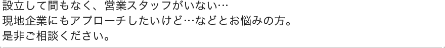 設立して間もなく、営業スタッフがいない・・・現地企業にもアプローチしたいけど・・・などとお悩みの方。是非ご相談ください。